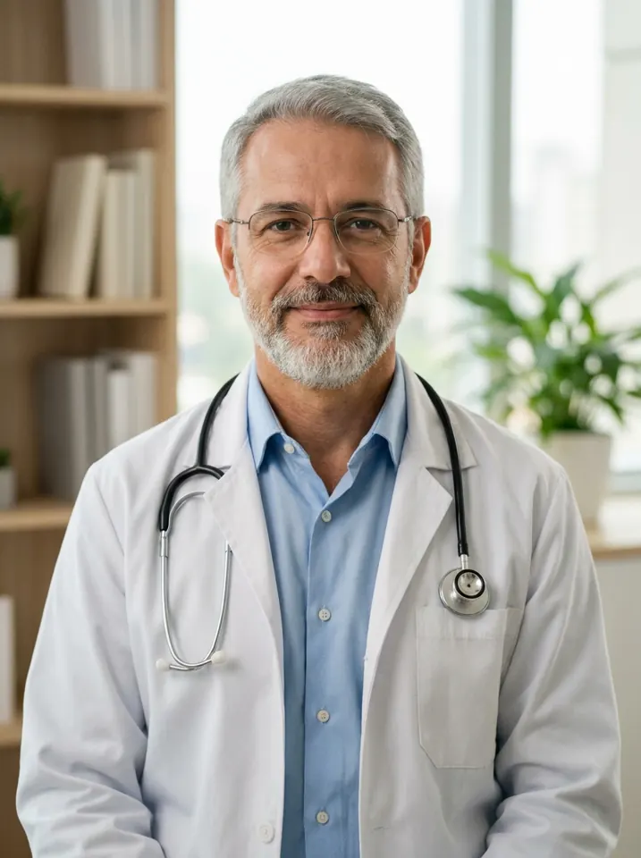 Médico de jaleco em seu consultório